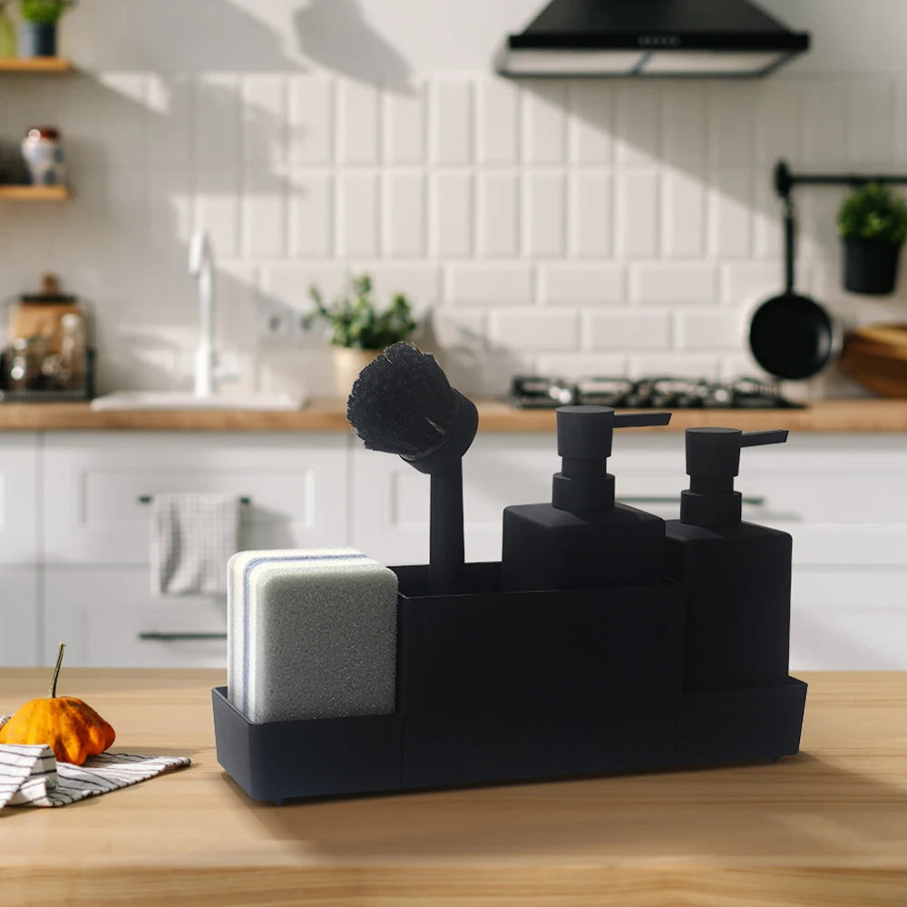 Matte Black Kitchen Soap Dispenser and Sponge Holder Set for Sink Caddy with Hand Soap and Dish Soap Storage