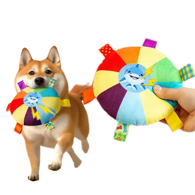 Funny Rainbow Plush Flying Saucer Dog Bite Toys Stuffed Raw Small Dog Interactive Training Game Chew Toy Pet Disc Toys with Bell