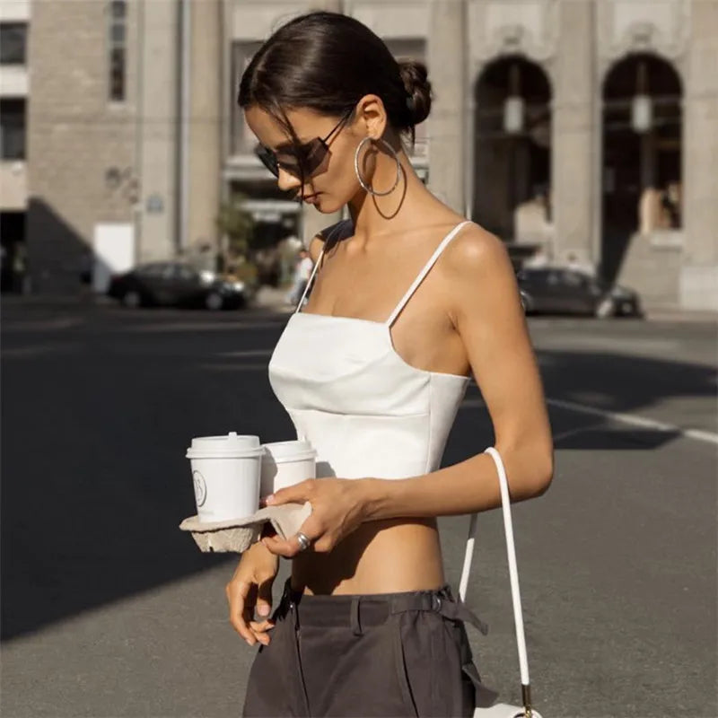 Spaghetti Strap Tank Top Sexy Backless Bandage Skinny Crop Tops Summer Elegant Lace Up Party Streetwear Women Camis