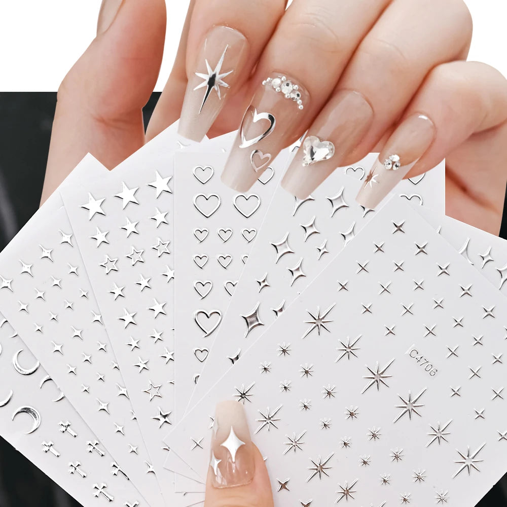 6Pcs/Set Metal Silver Star Heart Moon 3D Nail Art Stickers