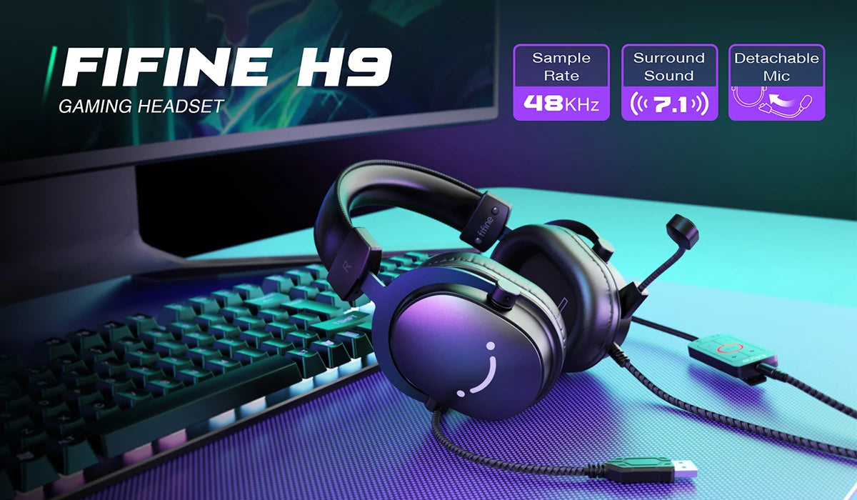 FIFINE 3.5 mm Jack and USB Headset with 7.1 Surround Sound Volume Control and Mute Switch for PC MAC PS4 PS5 Mixer H9