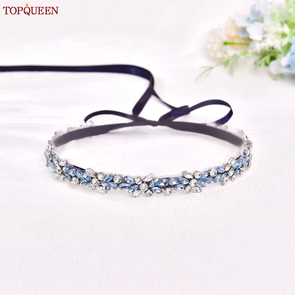 TOPQUEEN Long Thin Light Blue Rhinestone Belt Handmade Bridal Accessories Women's Versatile Dress Wedding Belt Tie Ribbon S437