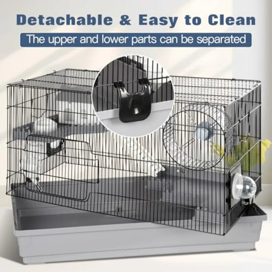 Multilevel hamster cage starter kit with spacious platforms exercise wheel hidehouse water bottle bathtub ladders and food bowl