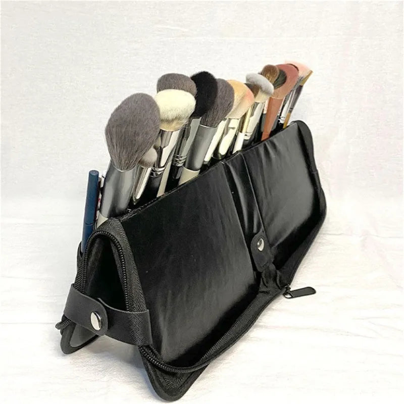 Women Foldable Makeup Brush Organizer Travel Cosmetic Pouch with High-Quality PU Material for Beauty Tools and Toiletries