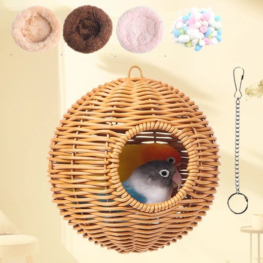Bird Nest Fake Grass Handwoven Bird Cage House Parrot Canary Lovebird Parakeet Cockatiel Fake Hand-Woven Grass Hatching Bird Hut