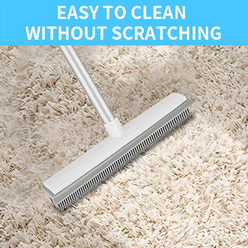 Rubber Broom with Long Handle for Pet Hair Removal Non Scratch Floor Brush for Carpet and Hard Surface Cleaning