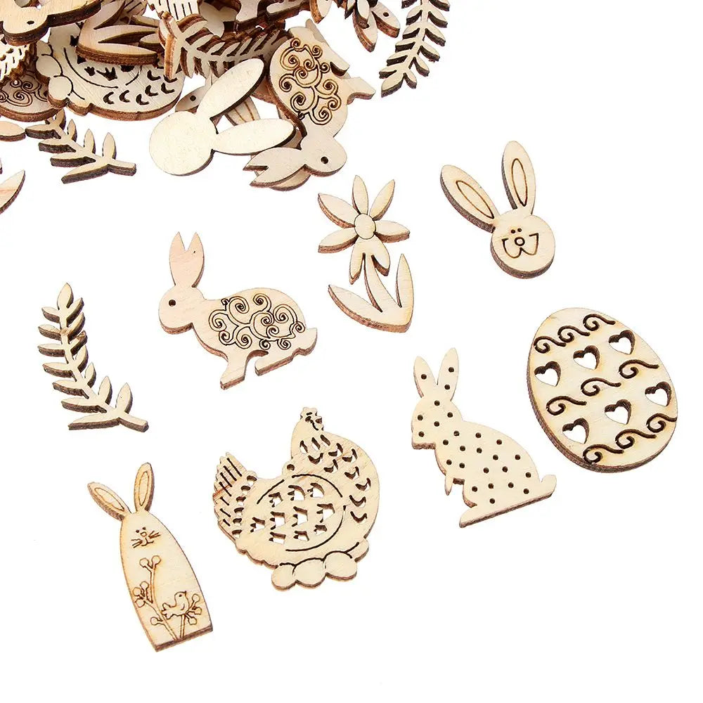 50pcs Happy Easter Rabbit Eggs Wooden Craft Ornaments
