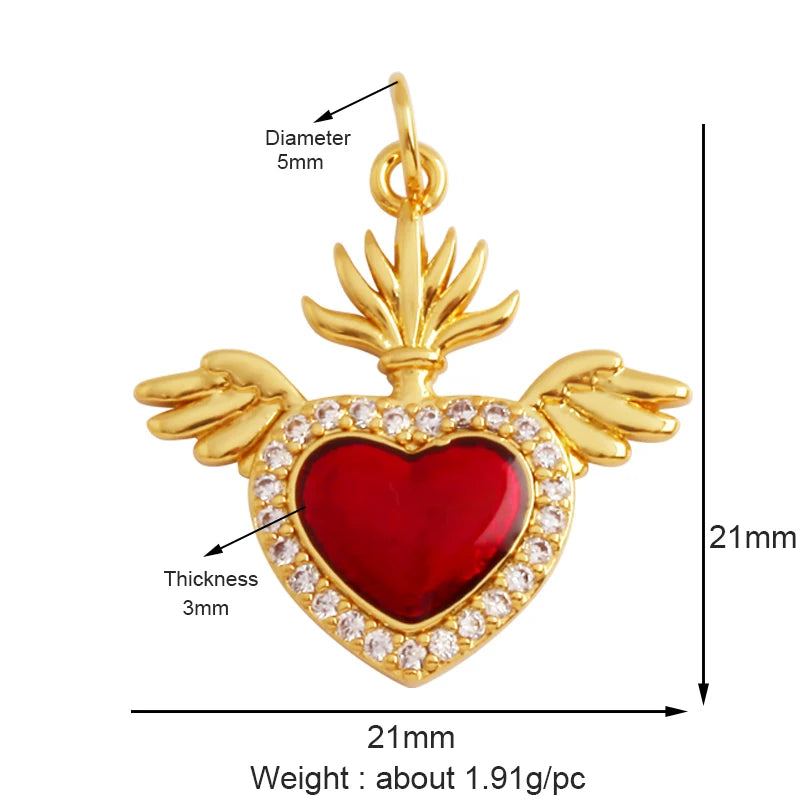 New Sacred Red Heart Charm Pendant 18K Gold Plated Zircon