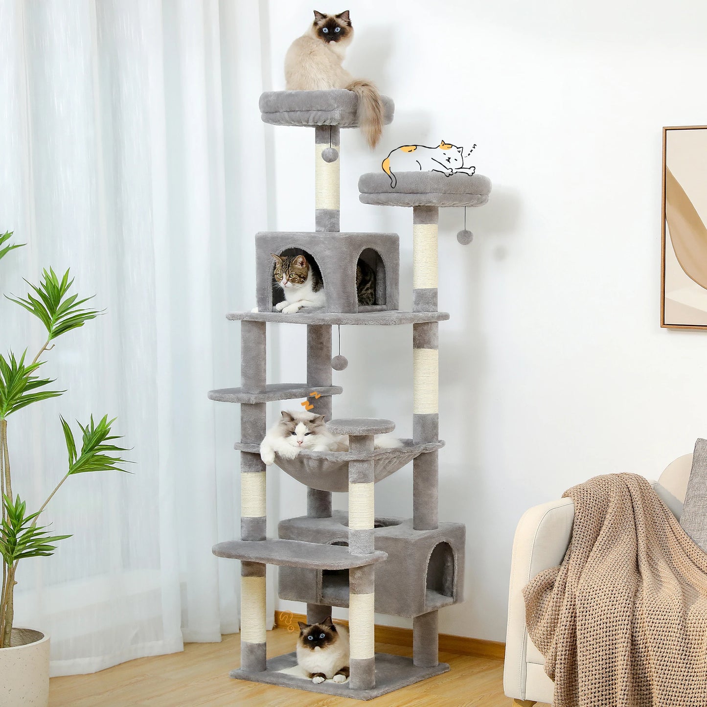 184cm Large Cat Tree and Tower for Indoor Cats With Scratching Posts and Spacious Hammocks