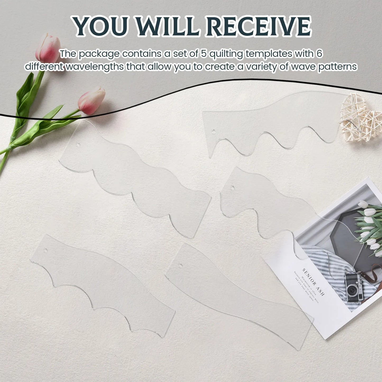 Wave Edge Quilting Ruler Set with 6 Acrylic Templates for Creative Free Motion Sewing - 5 or 10 Pieces