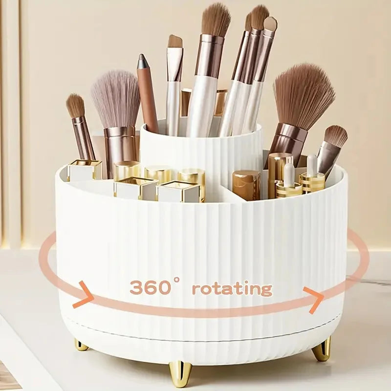 1pc 360°Rotating Makeup Organizer Storage Elegant Stripe Makeup Brushes Holder 5-Compartment Cosmetic Holder for Vanity Bathroom