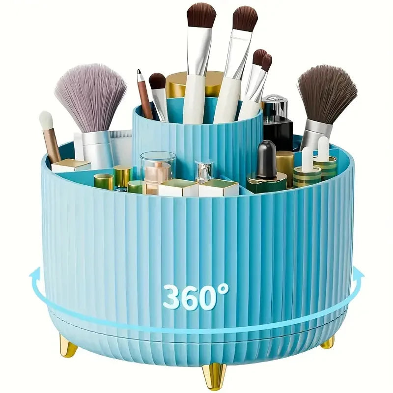 1pc 360°Rotating Makeup Organizer Storage Elegant Stripe Makeup Brushes Holder 5-Compartment Cosmetic Holder for Vanity Bathroom