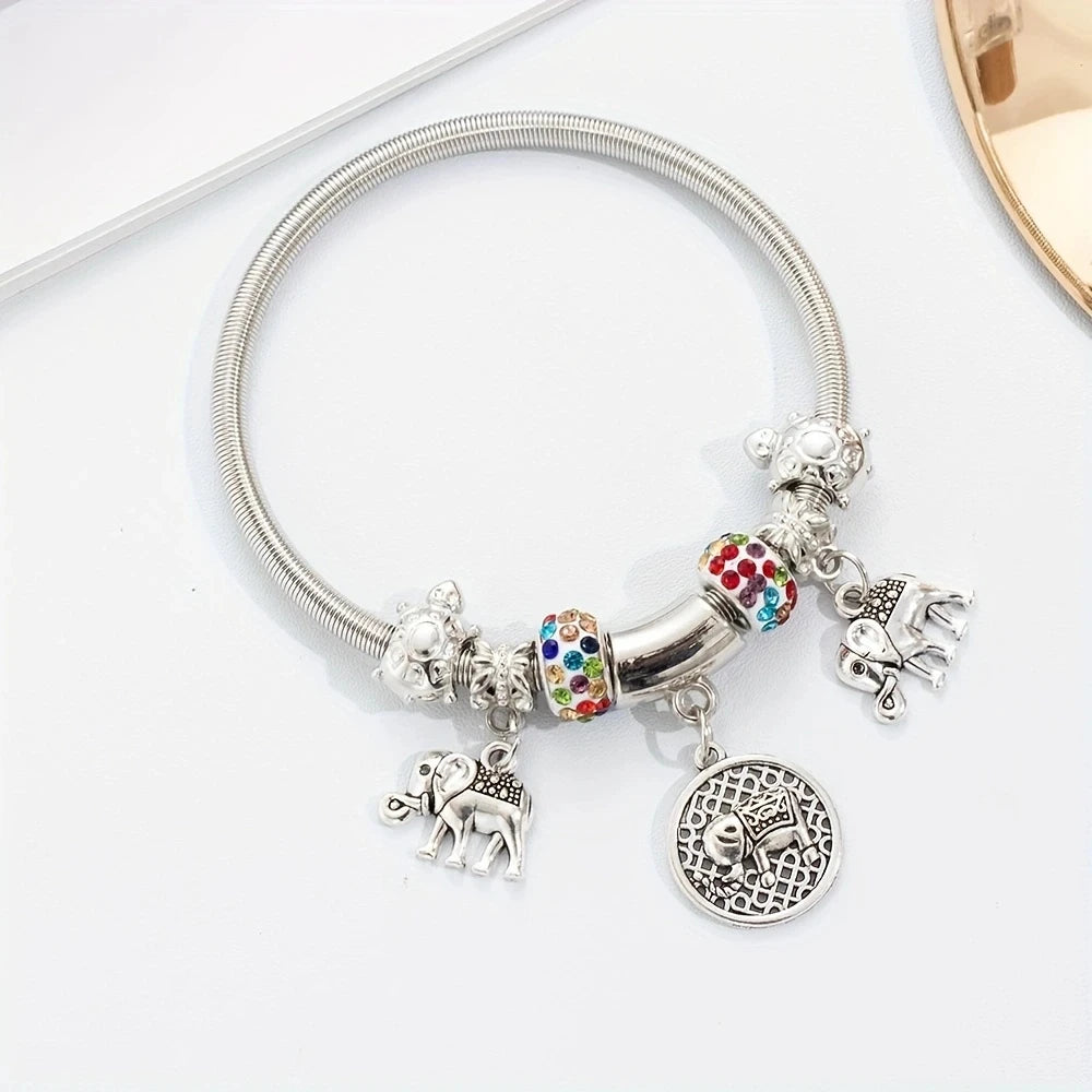 Pan Family Hot selling Style Women's Fashion Acrylic Beaded Elephant Pendant Spring Bracelet Light Luxury Exquisite Jewelry