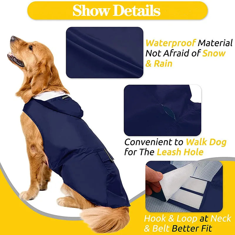 Dog Raincoat Waterproof Hoodie Jacket Rain Poncho Pet Rainwear Clothes with Reflective Stripe for All Sizes Big Puppies