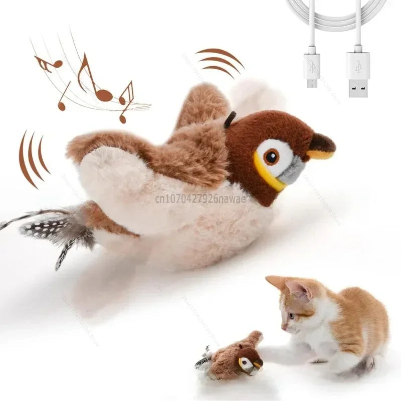 Interactive Cat Toys Rechargeable Electric Chirping Flapping Wings Bird with Catnip Cats Touch-Activated Squeaky Plush Toy Pet