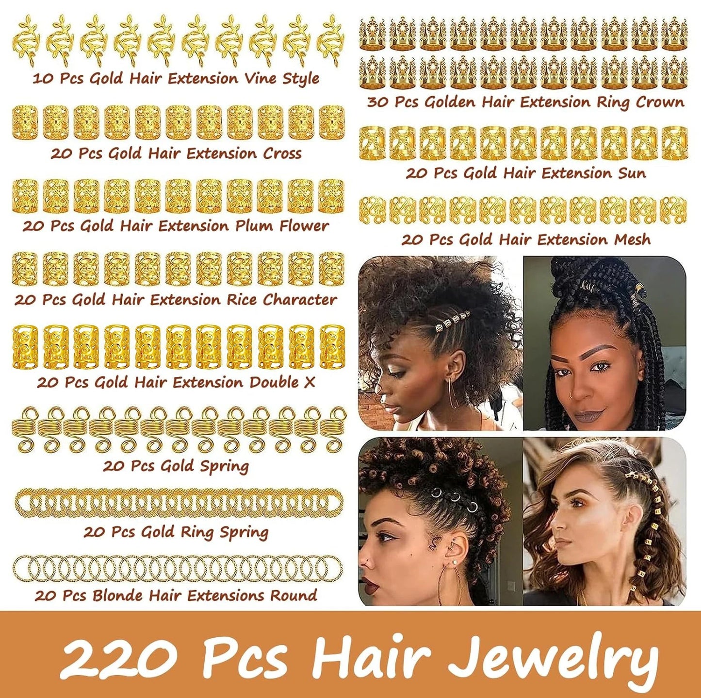 220pcs Gold Hair Accessories, Loc Jewelry For Braids, Women's Hair Jewelry, Metal Hair Ring Cuff For Dreadlocks Acc