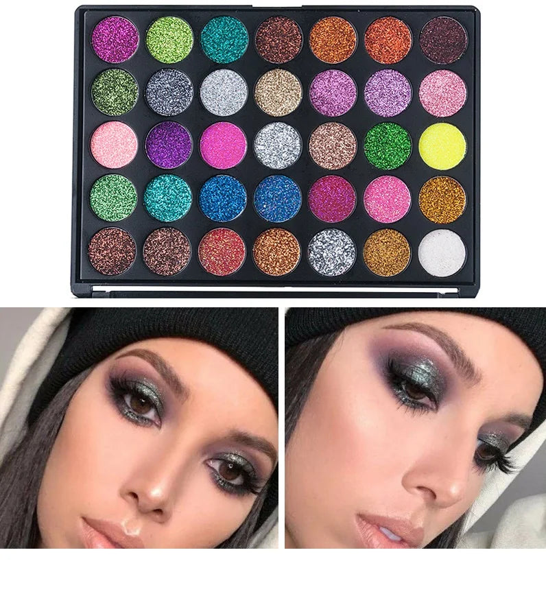 35 Color Diamond Sequin Eyeshadow Palette High Pigment Shimmer Glitter and Satin Long Lasting Waterproof Makeup