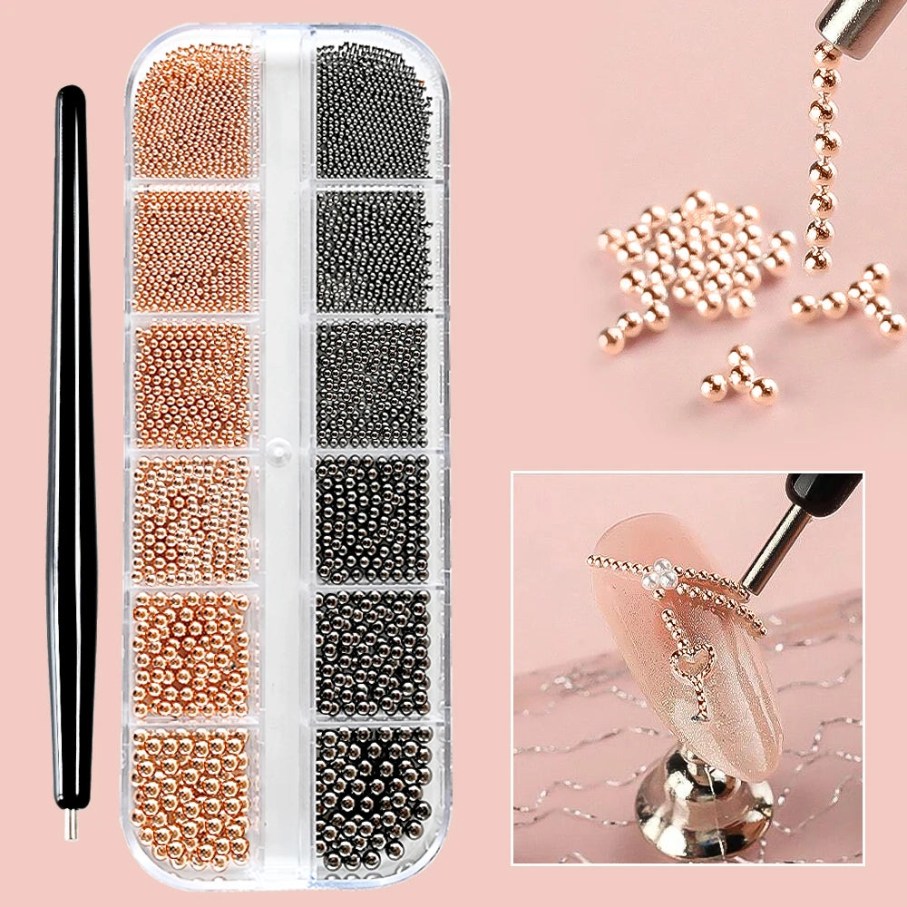 12 Grids Mini Caviar Beads Nail Art Charms 3D Metal Gold Silver Steel Ball (0.4mm-1.5mm) Nail Parts With Magnetic Pen Nail Decor