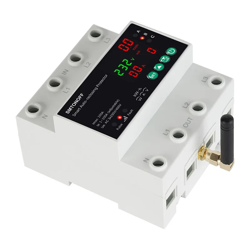 Tuya WiFi Three Phase 4P 100A Auto-Reclosing Over Under Voltage Protector Prepaid Meter Timer Switch Voice Remote Control