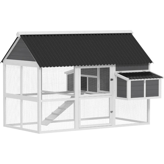Chicken Coop with Run, Large Wooden Chicken House with 2 Nesting Boxes, 2 Roosting Bars, Ramp & Tray, Hen House Poultry Cage fo