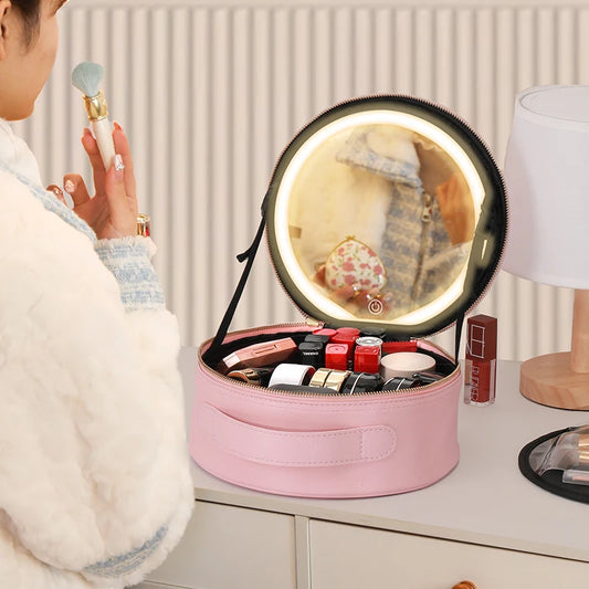 Travel PU Makeup Bag with LED Mirror and Light Portable Cosmetic Organizer for On-the-Go Beauty