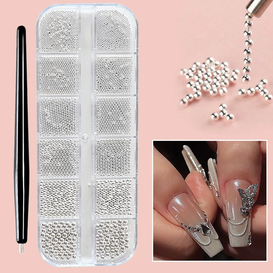 12 Grids Mini Caviar Beads Nail Art Charms 3D Metal Gold Silver Steel Ball (0.4mm-1.5mm) Nail Parts With Magnetic Pen Nail Decor