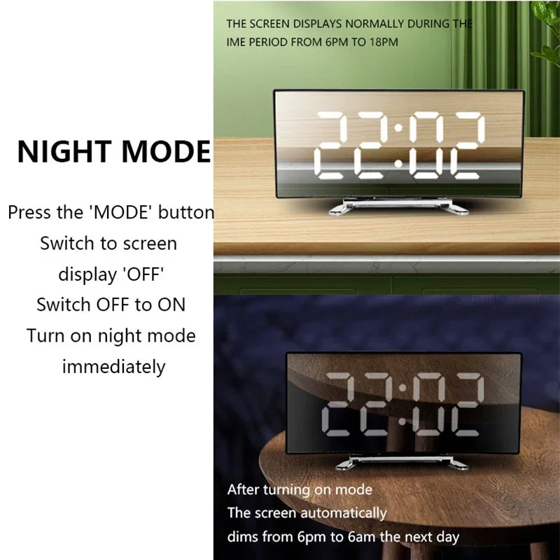 Creative Curved Electronic Clock LED Large Screen Mirror Alarm Clock for Students