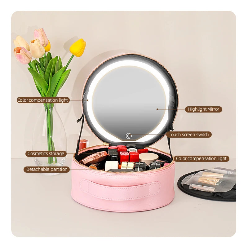 Travel PU Makeup Bag with LED Mirror and Light Portable Cosmetic Organizer for On-the-Go Beauty