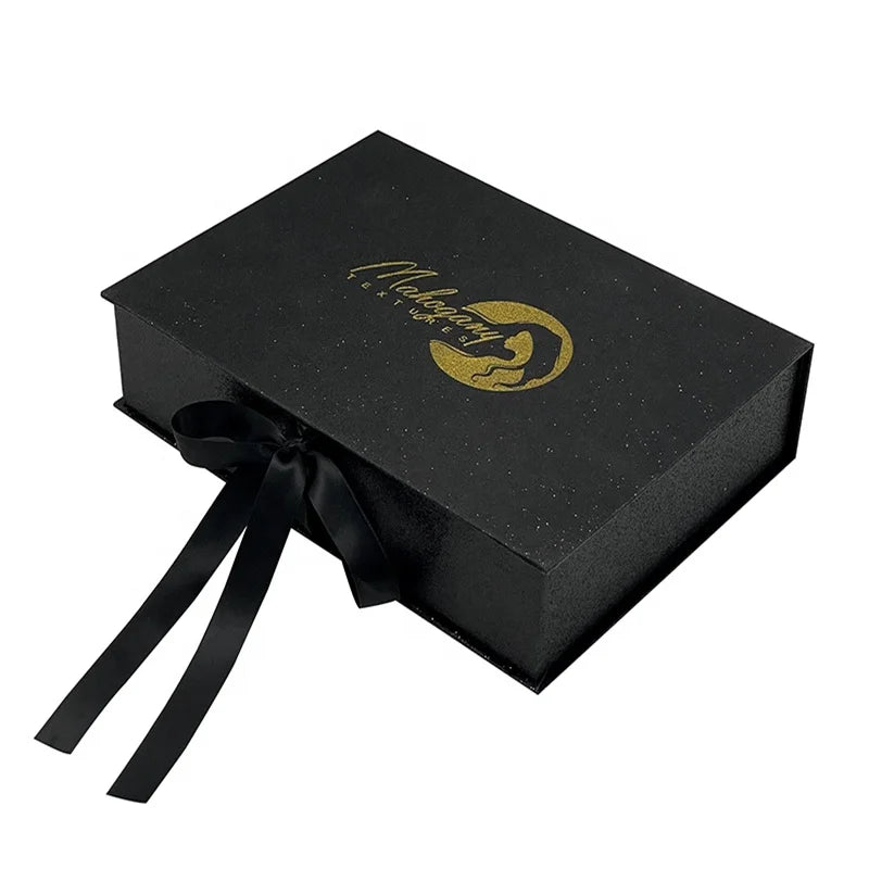 500pcs Luxury Black Wigs Box with Satin Insert Custom Human Hair Accessories Packaging Magnetic Lid  Beauty Box with Ribbon wj75