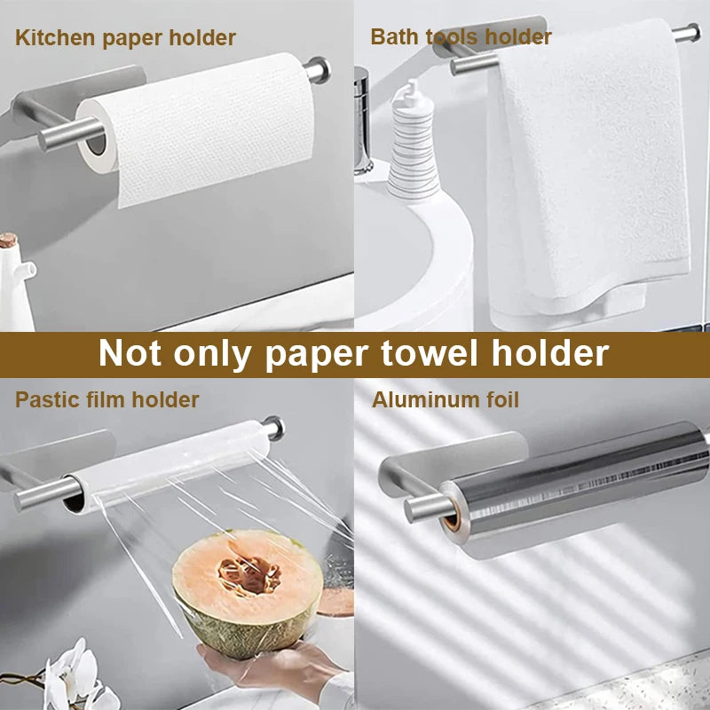 Soporte de toalla de papel de acero inoxidable, soporte adhesivo para rollo de papel higiénico, sin perforaciones, para cocina, baño, inodoro, estante de almacenamiento alargado