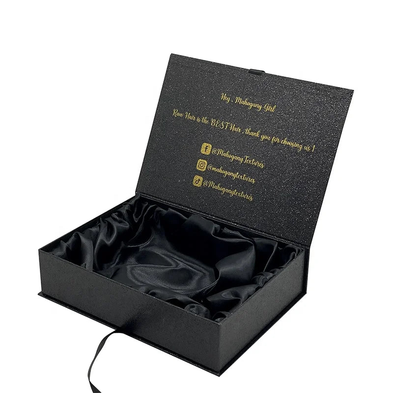 500pcs Luxury Black Wigs Box with Satin Insert Custom Human Hair Accessories Packaging Magnetic Lid  Beauty Box with Ribbon wj75