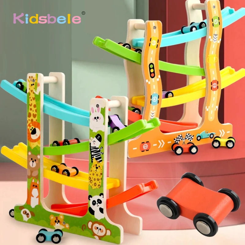 Kids Four-Layer Wooden Gliders Montessori Inertia Track Car Toy Set Animal and Traffic Themes Early Learning Birthday Gift