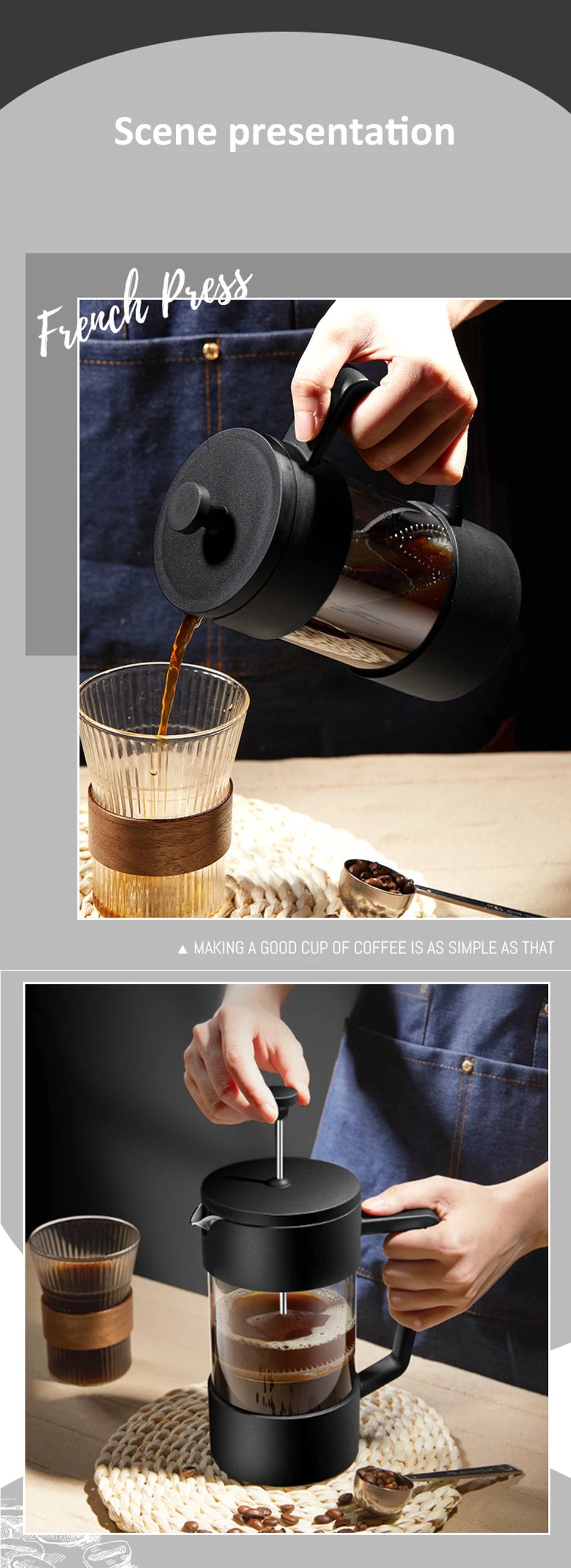 French Press Coffee Maker – 350ml/600ml/1L Borosilicate Glass Pot with Stainless Steel Filter