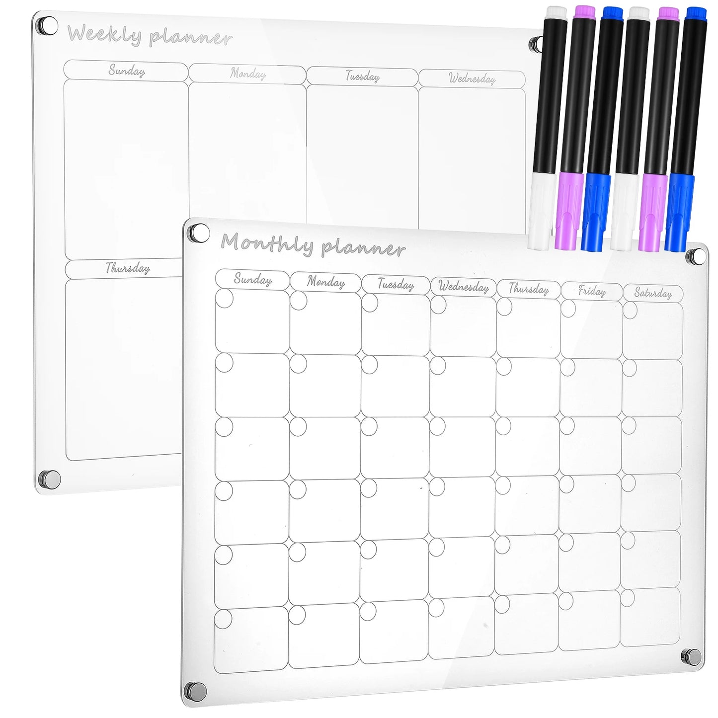 2 Piece Acrylic Monthly Weekly Schedule Planner Boards Erasable Wall Mounted Calendar Whiteboard Set