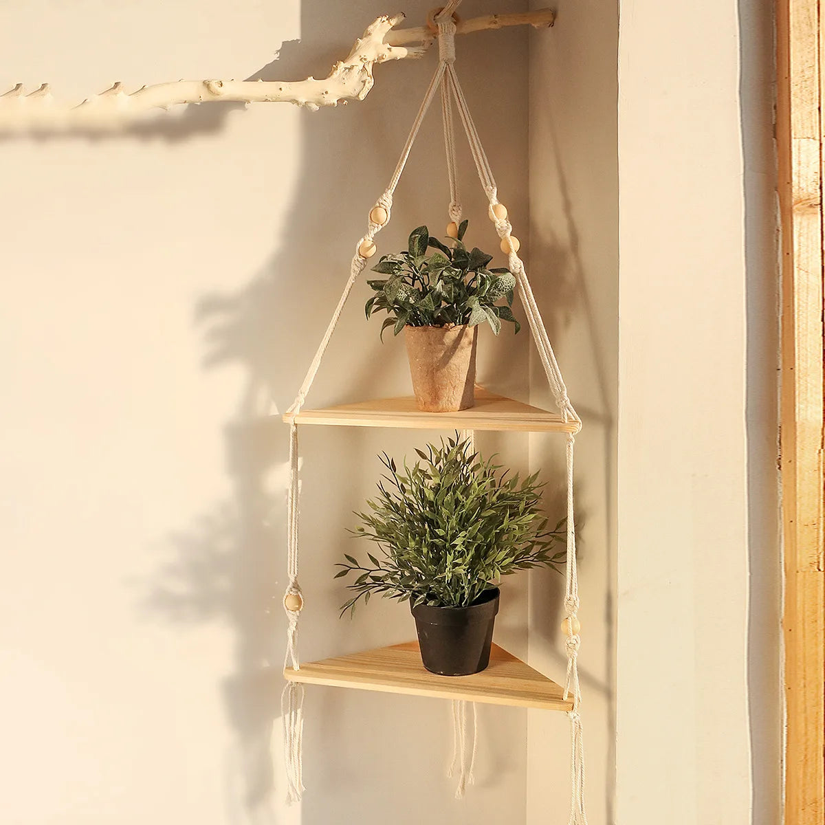 Wooden Wall Shelves Boho Floating Macrame Hangers Rustic Decor