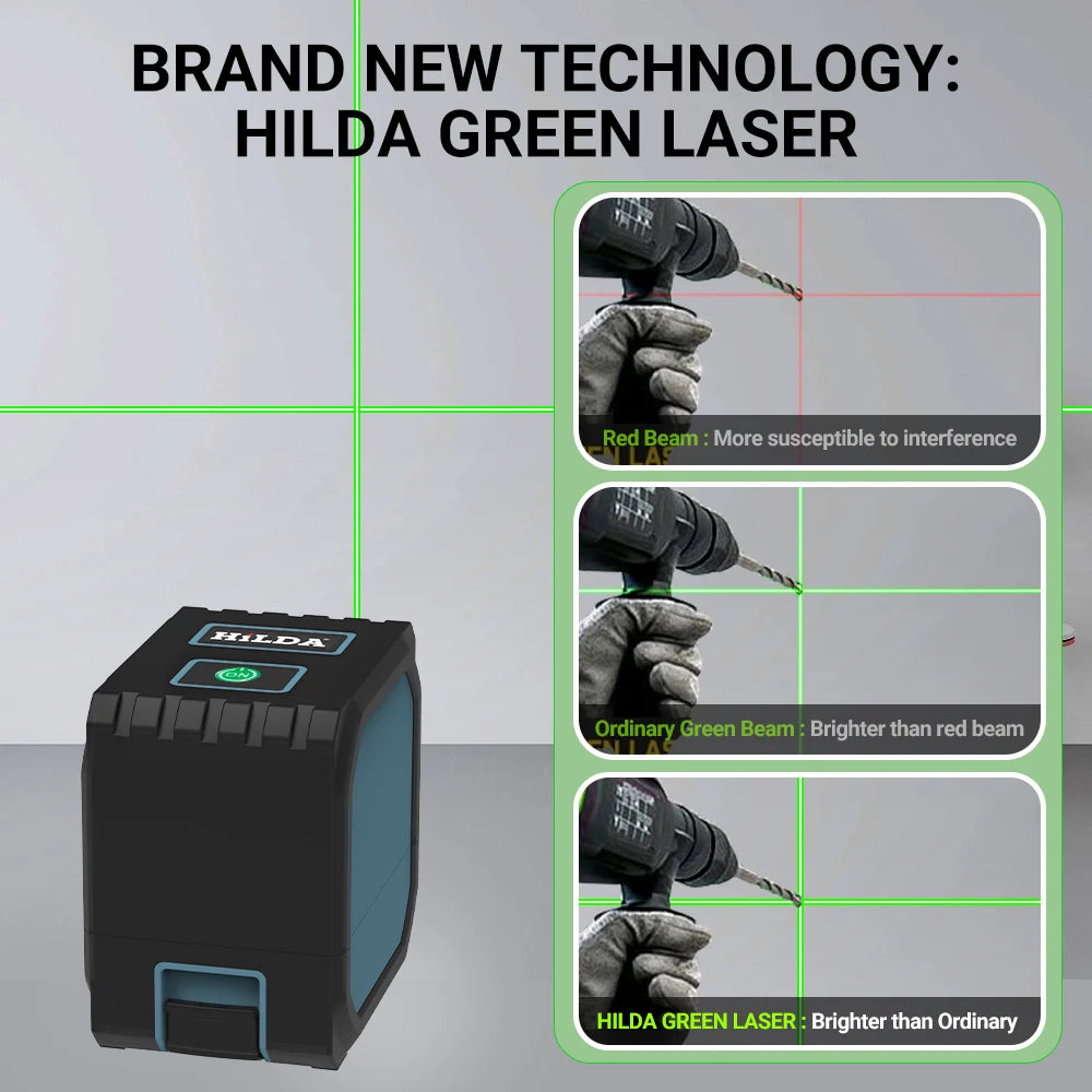 HILDA 2 Lines Mini Laser Level Self Levelling Green Beams Laser Horizontal & Vertical Cross-Line USB Charging