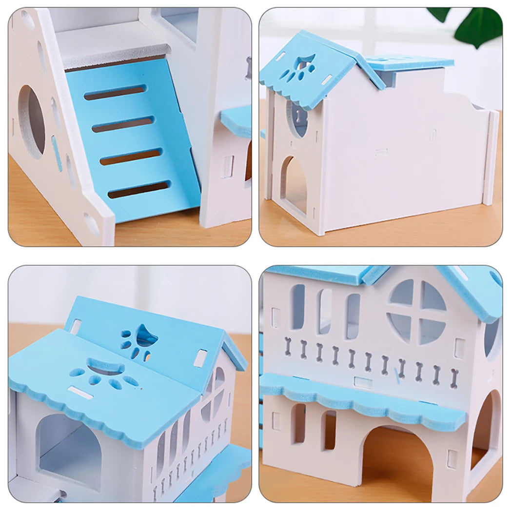 Hamster House Toy Pet Small Animal Hideout Hamster Wooden House 2 Layers With Ladder Design Wooden Hut Play Toys