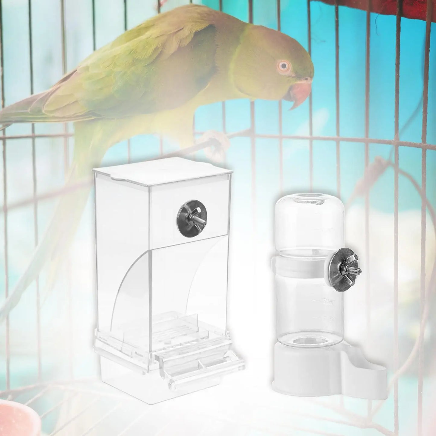 Bird Feeders and Waterer Clear Viewing Cage Accessory Food Dispenser for Canary Finch Cockatoo Cockatiel Lovebirds Budgies