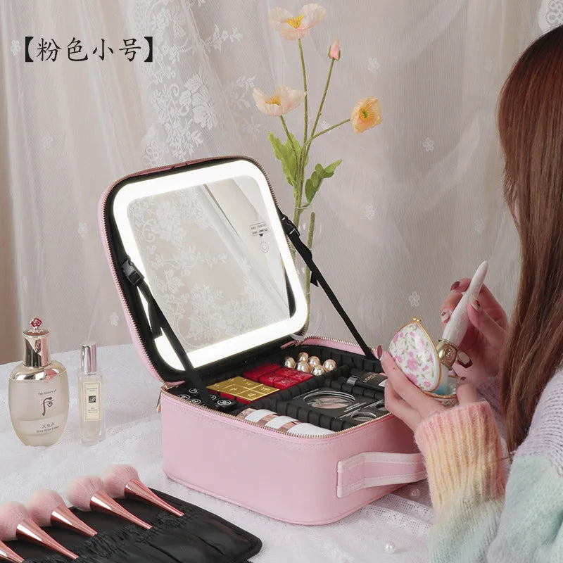 Smart LED Makeup Case with Mirror and USB Charging Waterproof Travel Cosmetic Bag for Women Portable Vanity with Adjustable Lighting
