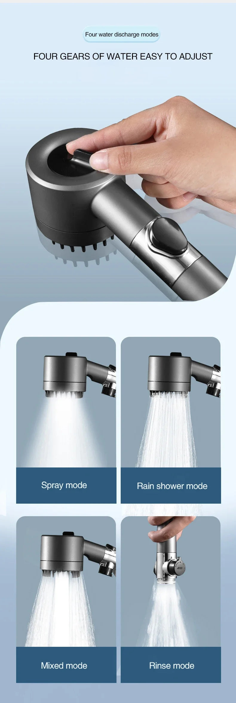 High Pressurized Filter Shower Head 3-mode Adjustable Spray with Massage Brush Rain Faucet Bathroom Accessories