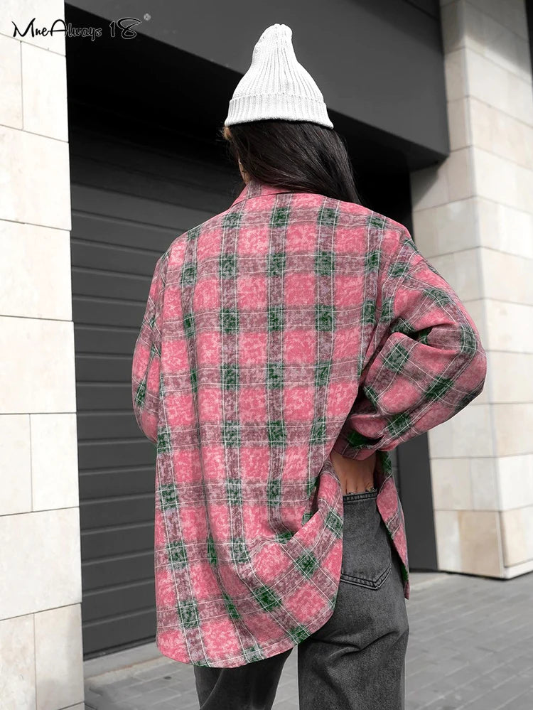 Mnealways18 Pink Checked Washed Shirts For Women Long Sleeve Street Style Plaid Blouses And Tops Oversized Ladies Lapel Loose