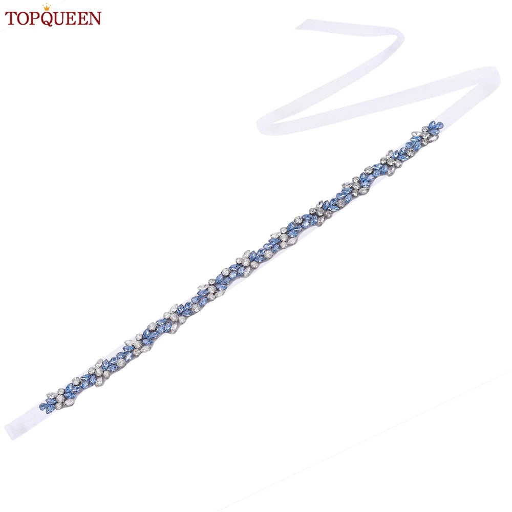 TOPQUEEN Long Thin Light Blue Rhinestone Belt Handmade Bridal Accessories Women's Versatile Dress Wedding Belt Tie Ribbon S437