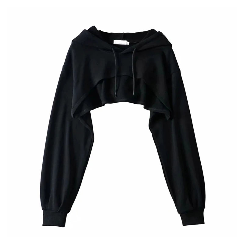 Womens Long Sleeve Cropped Hoodies Sweatshirt Aesthetic Punk Hip-Hop Dance Plain Sexy Rave Cutout Loose Super Crop Top