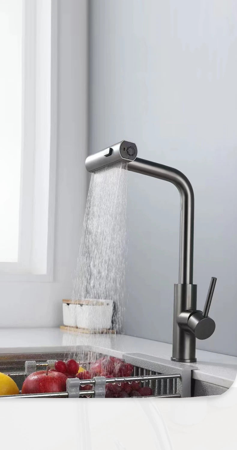 Grifos de cocina negros YCRAYS, grifo de cascada giratorio extraíble gris, cabezal rociador con chorro de agua, mezclador de fregadero, accesorio de grifo de agua de níquel cepillado