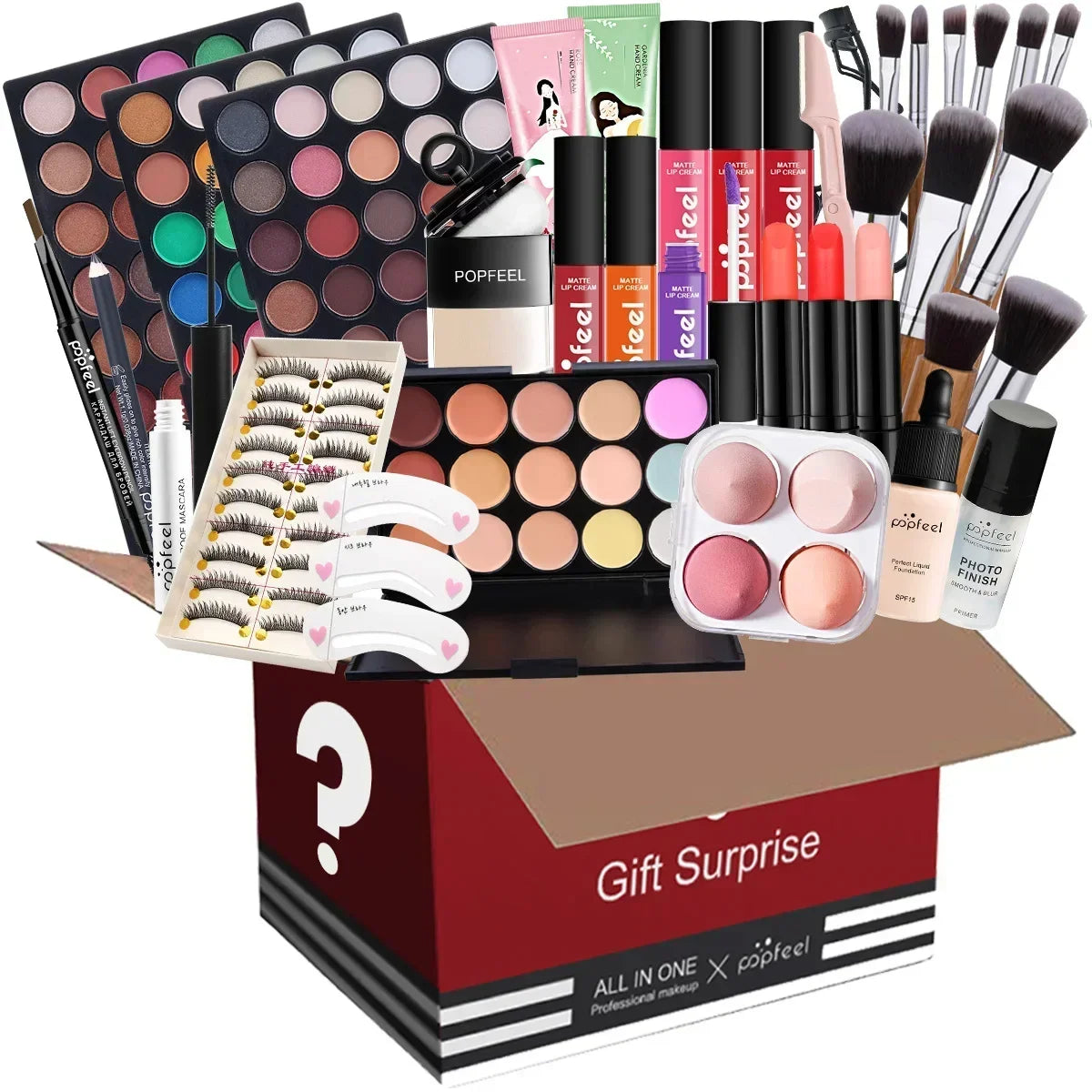 Popfeel All in One Makeup Kit Gift Set with Eyeshadow Palette Foundation Lip Gloss Blush Brushes and Eyeliner Essential Beauty Collection
