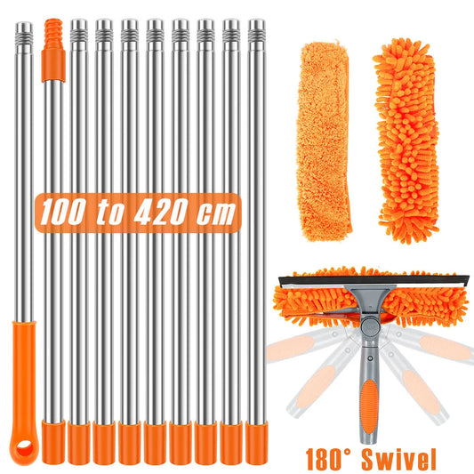 Extended Window Cleaning Kit with 2 in 1 Double Sided Glass Squeegee and Duster Mop 180 Degree Swivel Design for Effortless High Reach Cleaning