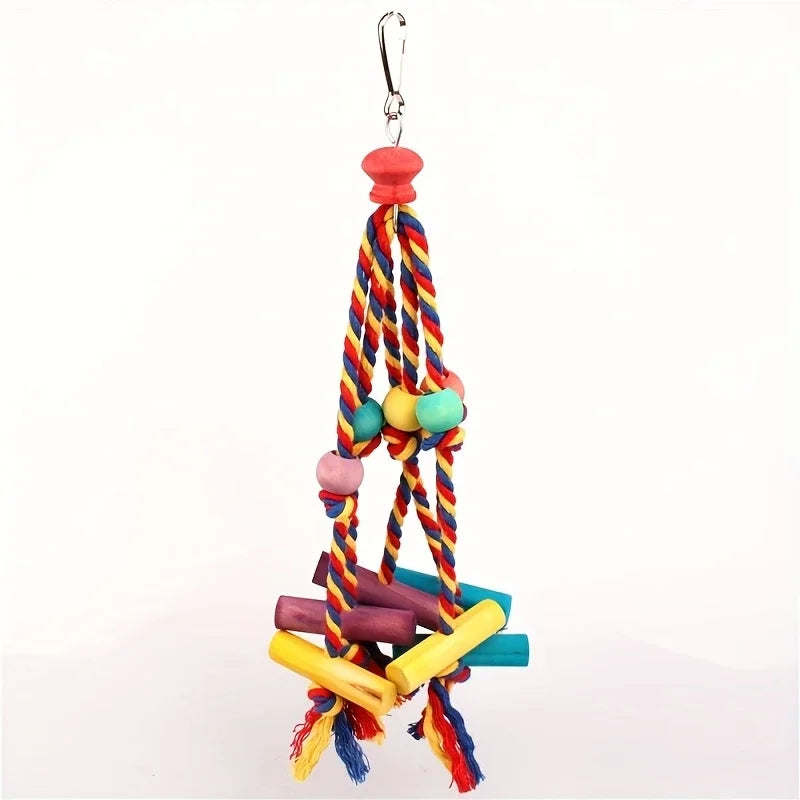 Wood Parrot Toys Bird Toys Colorful Bead Wooden Funny Training Bird Toys Cotton Rope Parrot Toy Bite Resistant Bird Tearing Toy
