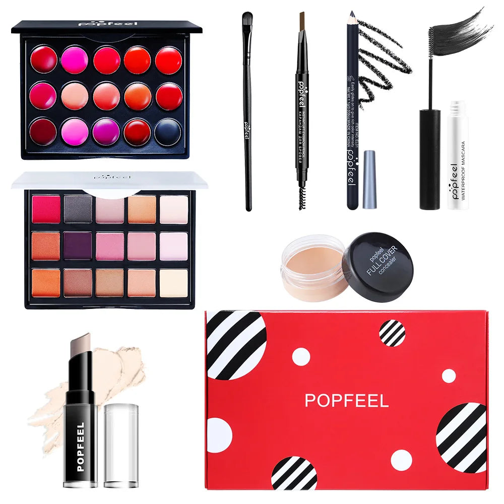 Popfeel All in One Makeup Kit Gift Set with Eyeshadow Palette Foundation Lip Gloss Blush Brushes and Eyeliner Essential Beauty Collection