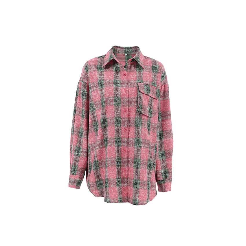 Mnealways18 Pink Checked Washed Shirts For Women Long Sleeve Street Style Plaid Blouses And Tops Oversized Ladies Lapel Loose