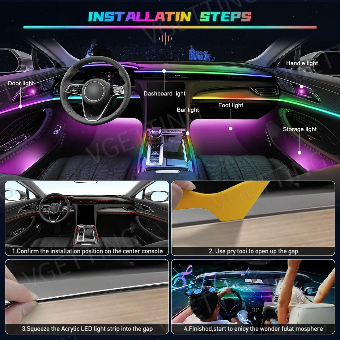 Vgetting 18 in 1 Car Ambient Lights Symphony LED Interior Acrylic Strips Atmosphere Light Button APP Control RGB 64 Colors 12V